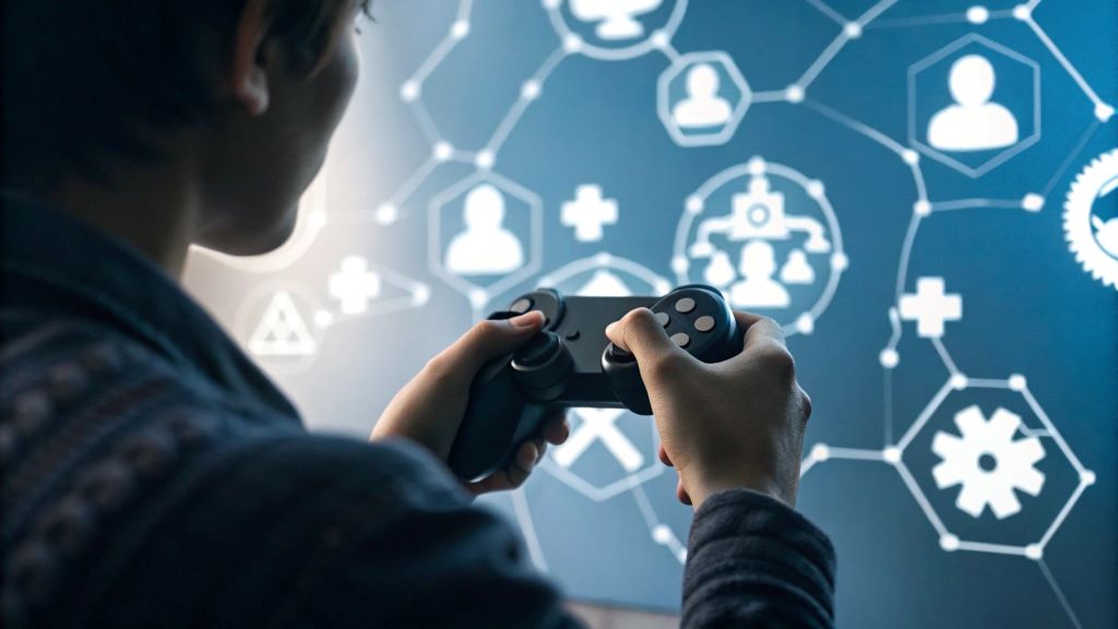 Illustration of a gamer holding a controller with a backdrop of strategy icons and skill symbols, representing the real-world skills needed to become a professional gamer
