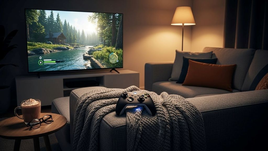 Cozy gaming setup with controller on comfortable couch facing TV displaying serene nature game scene