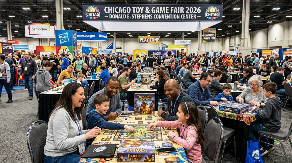 Families playing board games at the Chicago Toy and Game Fair 2026 at Donald E. Stephens Convention Center in Rosemont