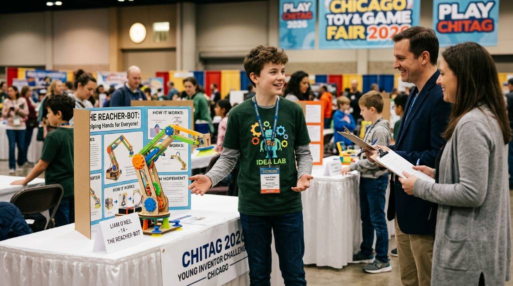 Young inventor presenting a toy idea at the CHITAG 2026 Young Inventor Challenge in Chicago