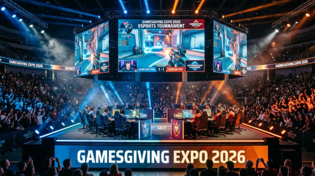 Esports tournament stage at GamesGiving Expo 2026 with players competing on large screens