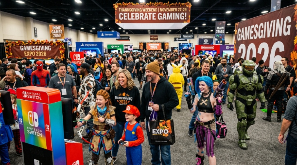 Families and cosplayers enjoying GamesGiving Expo 2026 over Thanksgiving weekend