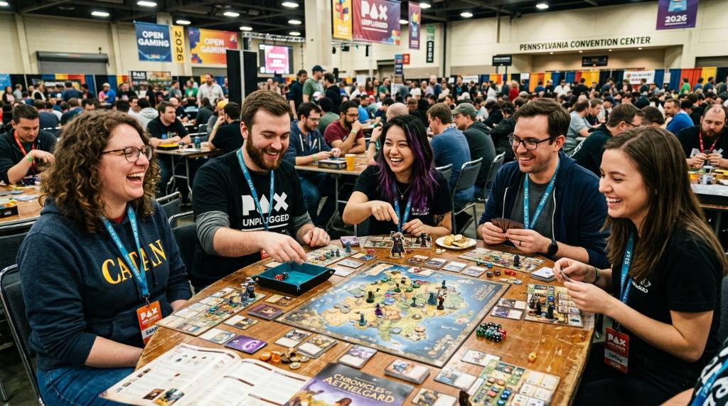 A group of smiling gamers gathered around a board game table at PAX Unplugged 2026 during open gaming hours