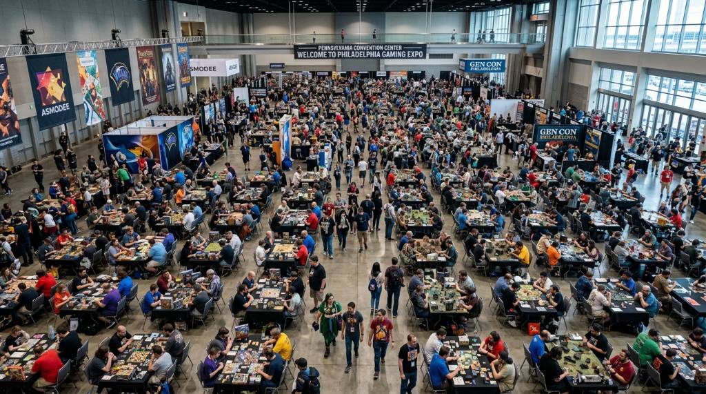 Aerial view of a busy tabletop gaming convention floor with hundreds of game tables and attendees at the Pennsylvania Convention Center in Philadelphia
