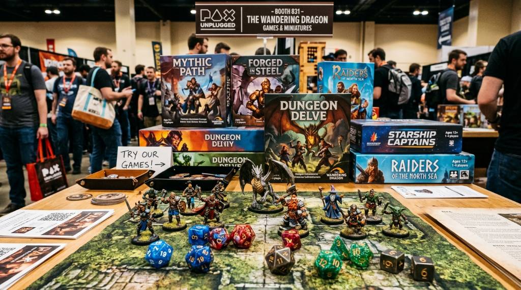Close-up of board game boxes, miniatures, and dice on display at an exhibitor booth at a tabletop gaming convention in Philadelphia
