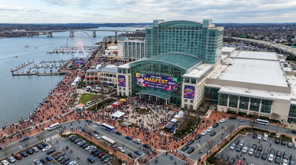 Aerial view of the Gaylord National Resort and Convention Center at National Harbor Maryland hosting Super MAGFest 2027