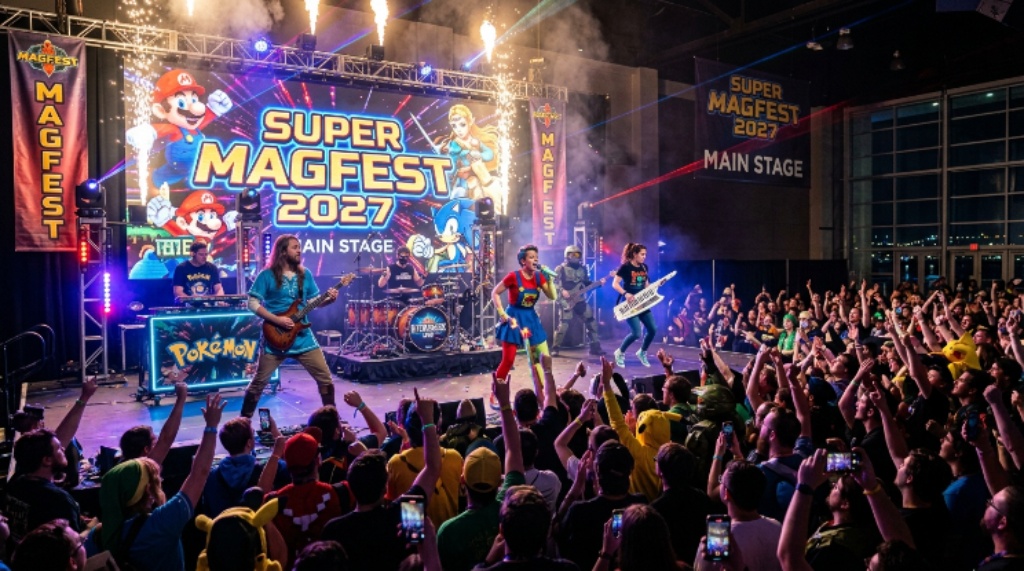 Live video game cover band performing on the main stage at Super MAGFest 2027 in National Harbor Maryland